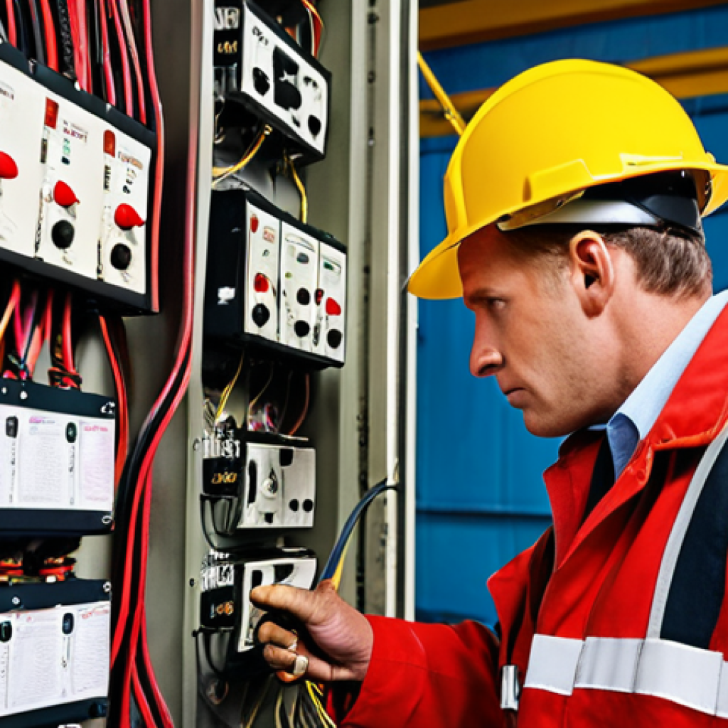 **

A diligent fire safety technician inspects an old factory building, meticulously checking electrical wiring for potential hazards. Focus on the technician's observant expression and the aging industrial setting. The image should convey a sense of vigilance and attention to detail, highlighting the importance of fire safety inspections.

**