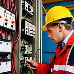 **

A diligent fire safety technician inspects an old factory building, meticulously checking electrical wiring for potential hazards. Focus on the technician's observant expression and the aging industrial setting. The image should convey a sense of vigilance and attention to detail, highlighting the importance of fire safety inspections.

**