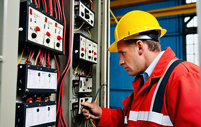 **

A diligent fire safety technician inspects an old factory building, meticulously checking electrical wiring for potential hazards. Focus on the technician's observant expression and the aging industrial setting. The image should convey a sense of vigilance and attention to detail, highlighting the importance of fire safety inspections.

**