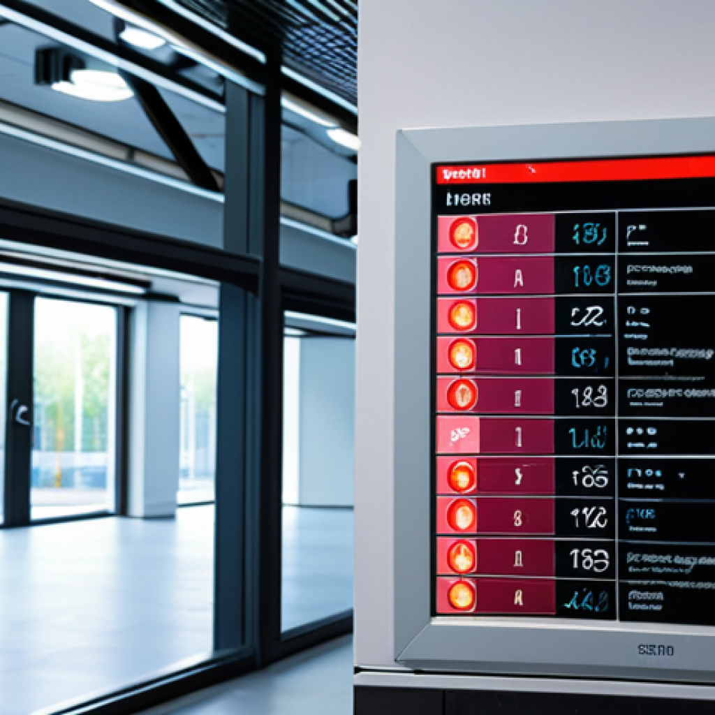 **Prompt:** Modern, high-tech office building interior. Integrated fire alarm system display panel showing real-time data analysis and AI-driven alerts. Focus on sophisticated sensors and user interface, clean and professional. Include subtle Swedish design elements.