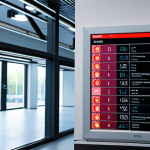 **Prompt:** Modern, high-tech office building interior. Integrated fire alarm system display panel showing real-time data analysis and AI-driven alerts. Focus on sophisticated sensors and user interface, clean and professional. Include subtle Swedish design elements.