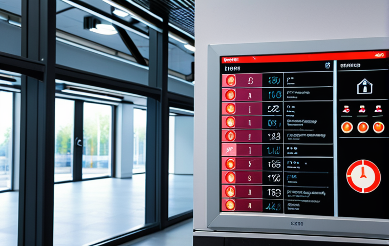**Prompt:** Modern, high-tech office building interior. Integrated fire alarm system display panel showing real-time data analysis and AI-driven alerts. Focus on sophisticated sensors and user interface, clean and professional. Include subtle Swedish design elements.