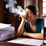 A stressed person surrounded by paperwork with a smoking coffee maker in the background. Focus on the potential danger of everyday tasks causing fire hazards.
