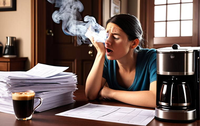 A stressed person surrounded by paperwork with a smoking coffee maker in the background. Focus on the potential danger of everyday tasks causing fire hazards.