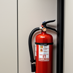 **A realistic photo of a well-maintained fire extinguisher hanging on a wall in a modern office. The extinguisher is clearly labeled and in perfect condition. Focus on the detail and clarity of the safety equipment.**