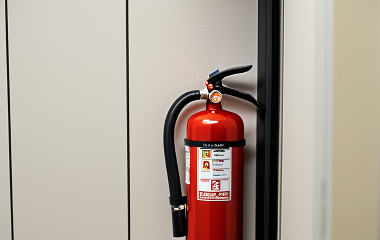 **A realistic photo of a well-maintained fire extinguisher hanging on a wall in a modern office. The extinguisher is clearly labeled and in perfect condition. Focus on the detail and clarity of the safety equipment.**